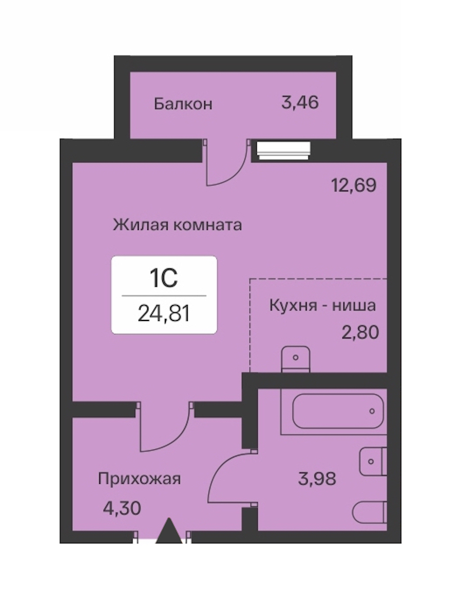 Квартира студия 24.81 м², 5/9 эт., ЖК «Расцветай в Янино»
